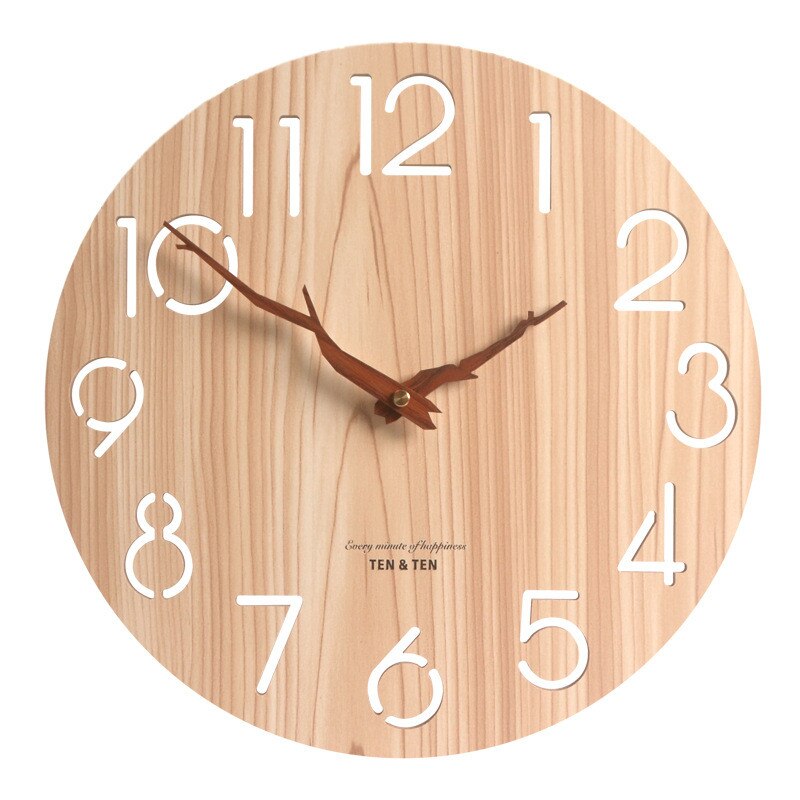 Hollow Wooden Wall Clock Modern Trunk Pointer Nordic for Child Room 3D Clocks Retro Watch Home Decor Leaf Glowing 12 inch: Brown no leaves