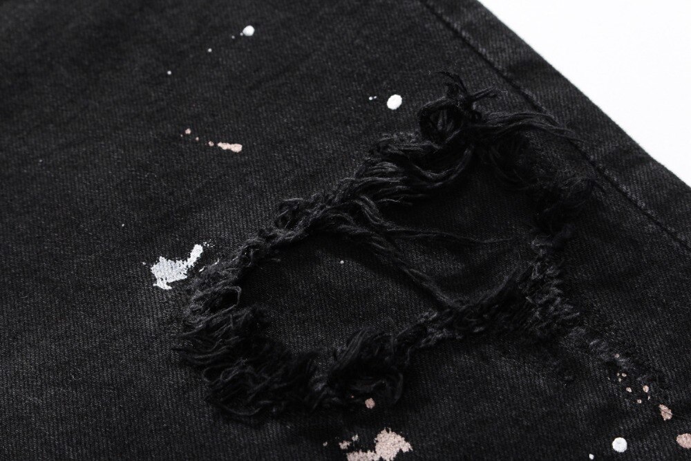 Style européen américain hommes Denim jean célèbre droite fermeture éclair mince noir trou jean crayon pantalon pour hommes