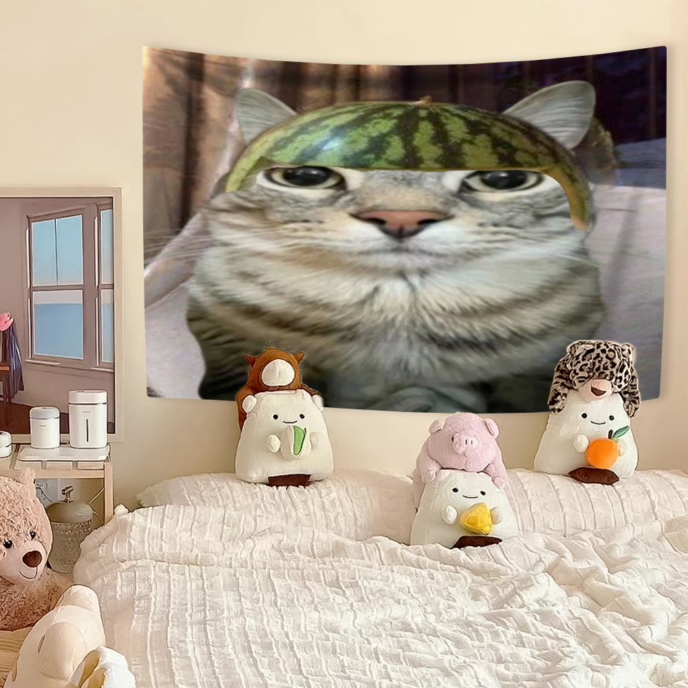 Tapiz de Meme de gato divertido, decoración del hogar de animales Kawaii, tela para colgar en la pared, dormitorio, fondo, de Festival: 230 x 150 cm / Breen