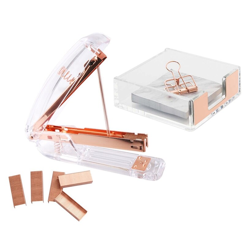 Clear Acrylic Rose Gold Self-Stick Note Pad Holders 3.5X3.3 Inch (Rose Gold) & Rose Gold Stapler Acrylic Desktop Stapler with 10