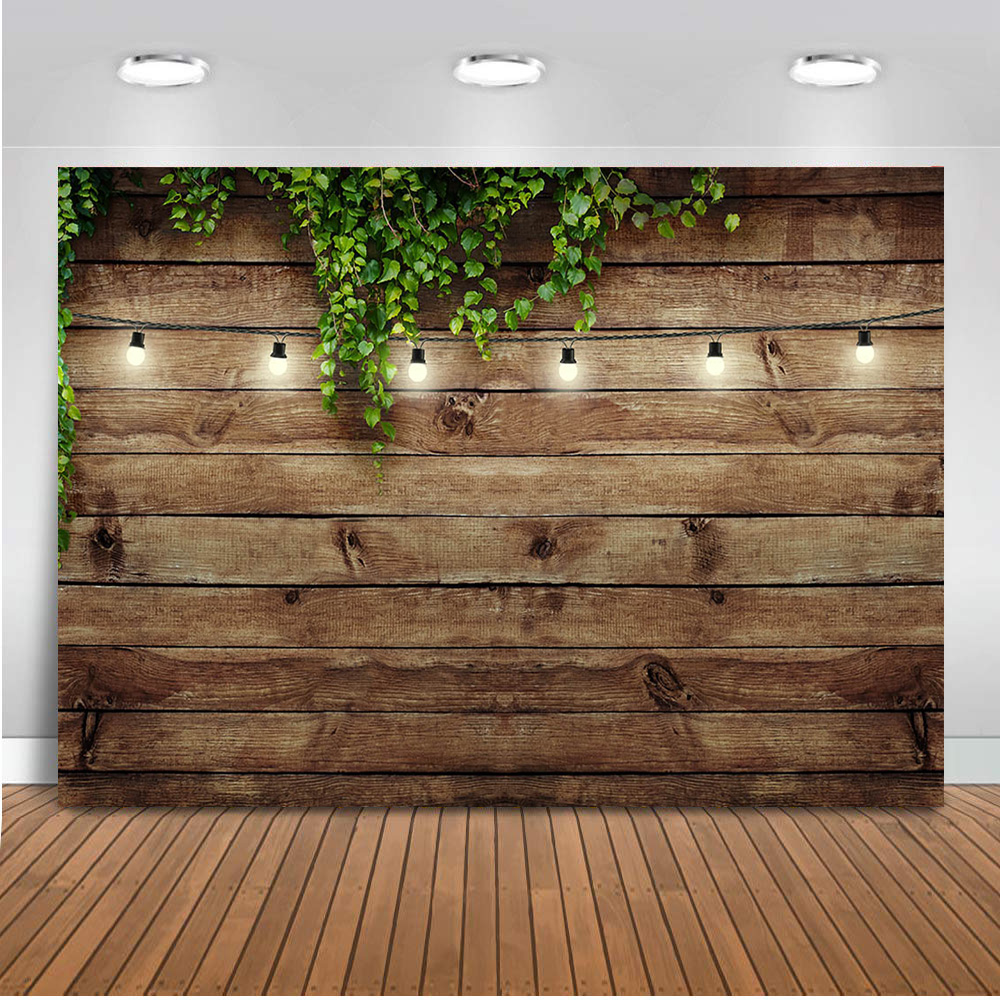 Brown Wooden Floor Photography Backdrop for Lovers Green Leaves Wedding Party Selfie Background Bridal Shower Photo Shoot