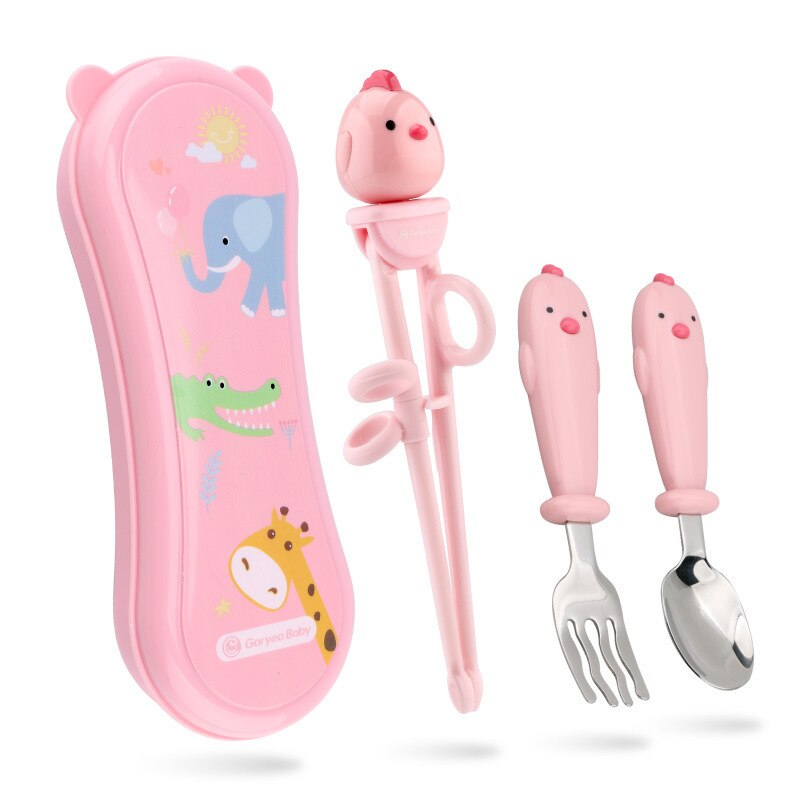 Kids Chopsticks Cartoon Training Children Spoon Fork Set Stainless Steel Kids Eating Utensils Toddler Baby Flatware Accessories: 4 pieces pink