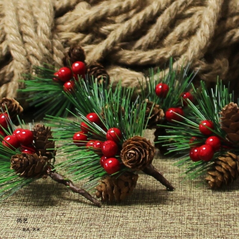 10PCS Artificial Flower Red Christmas Berry Pine ConeHolly Branches Christmas Decoration for Home Floral Decor Flower Crafts