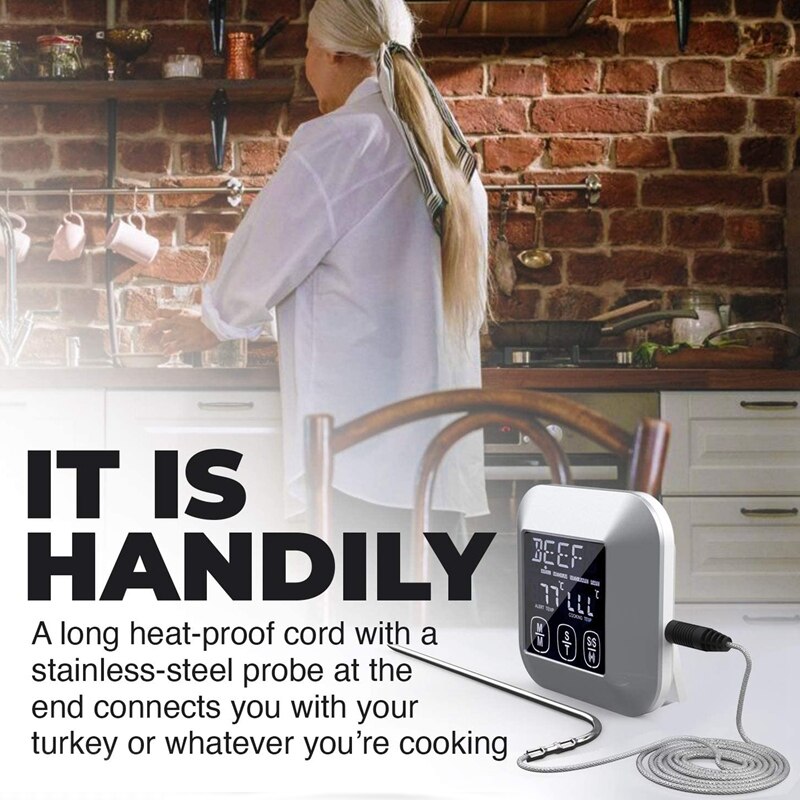 Digital Press Screen Cooking Thermometer Suitable for Meat and Poultry Wired Probe, Used for Frying Pan Oven Grilling