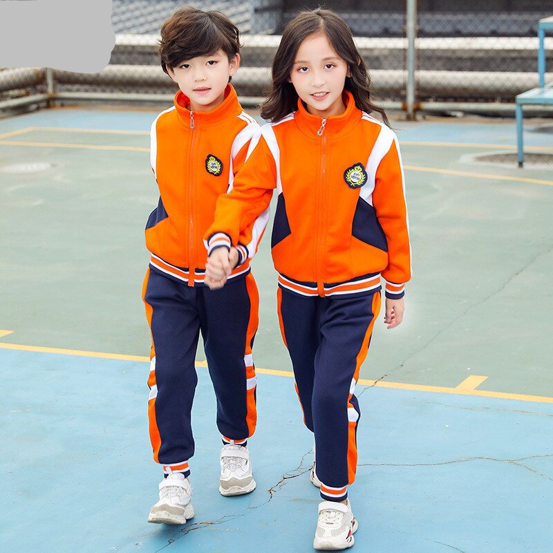 Uniforme Escolar de primaria para otoño e invierno, chaqueta gruesa naranja, pantalones azul marino, ropa deportiva para niños, traje para estudiantes de guardería