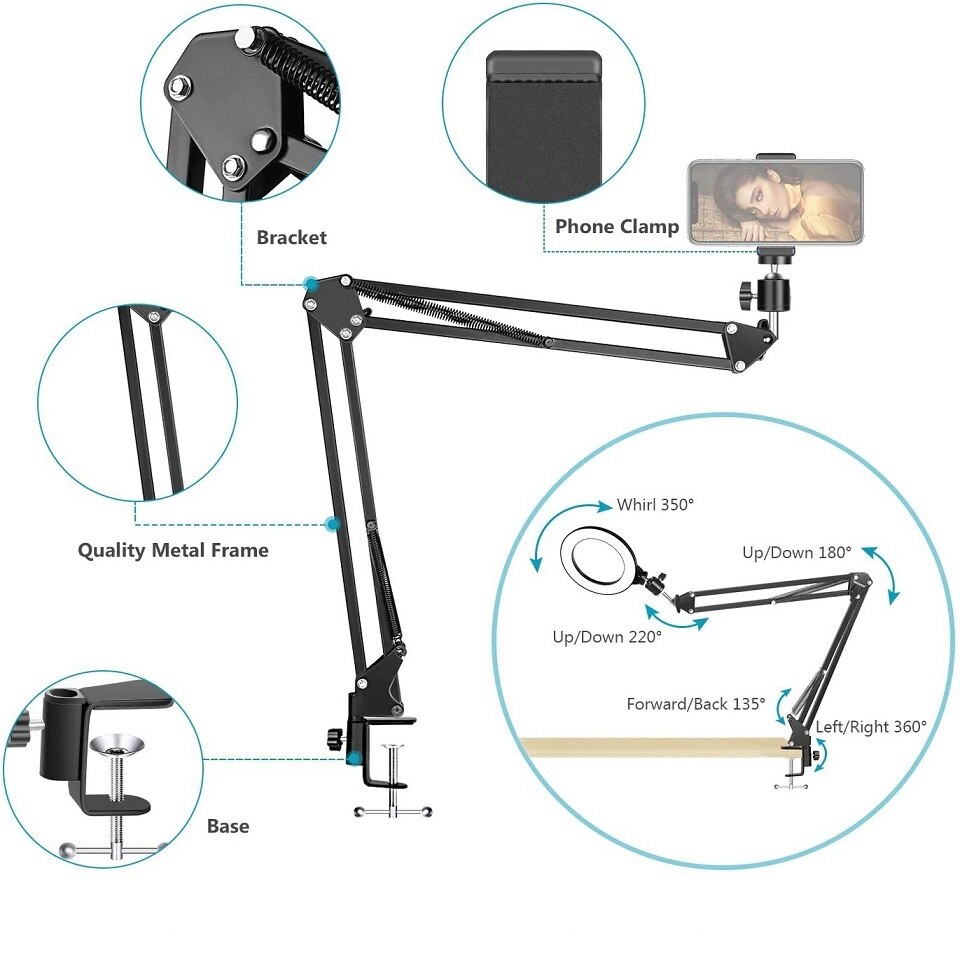 LED Selfie Ring Licht Mit Lange Arm Kreis Füllen Licht Dimmbar Runde Lampe Stativ machen-hoch Fotografie RingLight Telefon Ständer Halfter