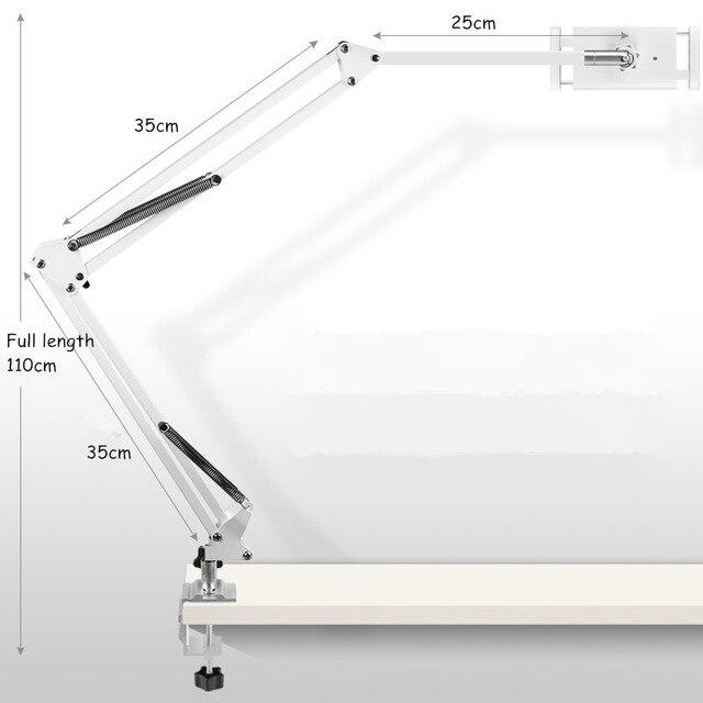 Justerbar arm tablett stativ säng bordsfäste hållare 360 ° rotation tabletter/mobiltelefon fäste för iphone ipad air mini pro 4-13 '': 110cm vita