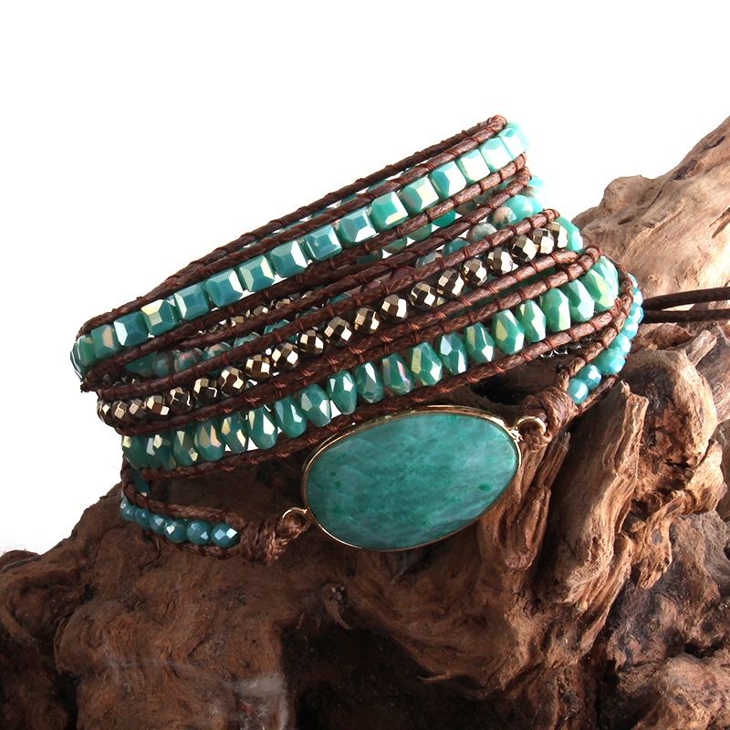 Rh Mode Lederen Boho Armbander Groene Gemengde Natuurlijke Stenen Charm 5 Strengen Kralen Wrap Armbanden: green