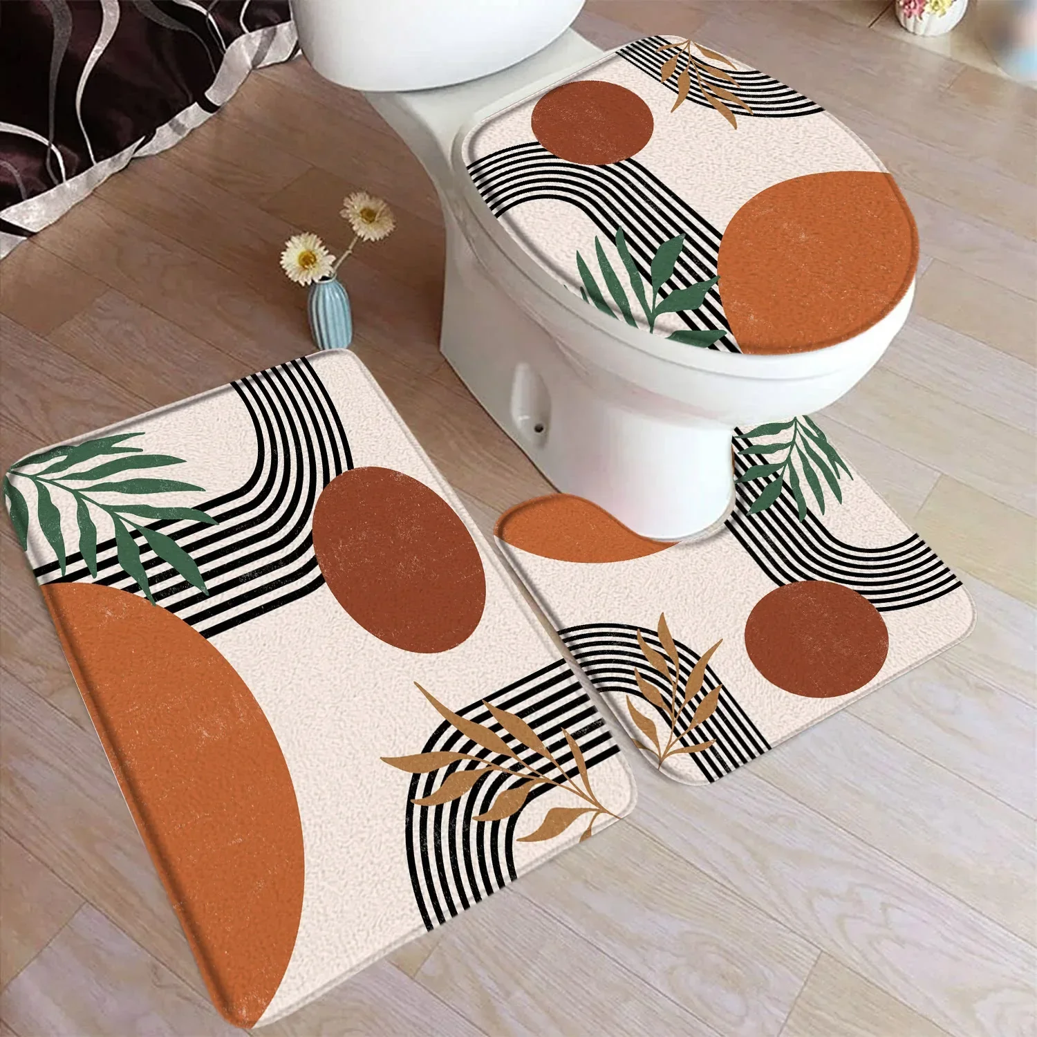 Abstrakt bademattesett fra midten av århundret svart linje grønt blad moderne geometrisk boho hjem teppe baderomsinnredning gulvtepper toaletttrekk: Elfenben