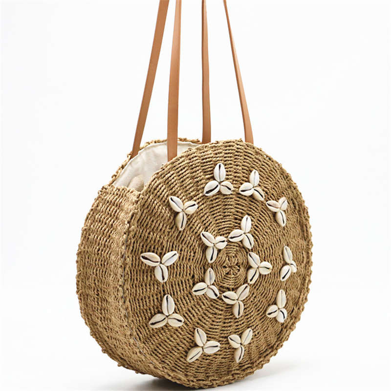 Sac de plage en paille ronde sac à bandoulière fait main en coquille tissée d'été pour filles, cercle en rotin tressé détail sac avec fermeture à glissière