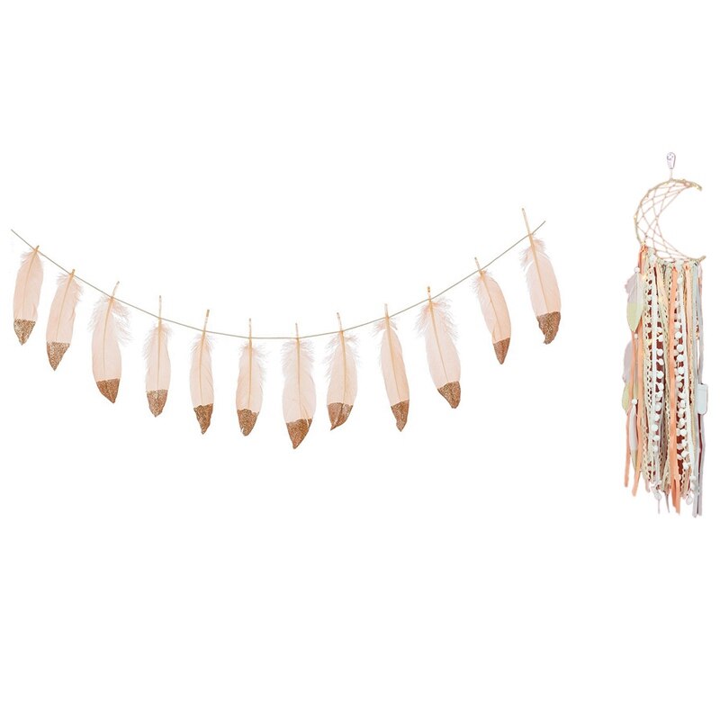 Veren slinger roségoud glitter gedoopt zachte veren banner roze & veren dromenvanger maan ster dromenvangers