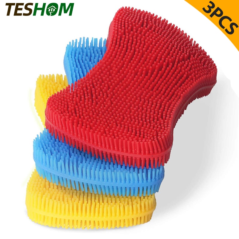 3PCS Silicone Dish Washing Brush Pot Pan Sponge Scrubber Silicone Scouring Pad Fruit Pot Pan Wash Brushes Kitchen Cleaning Tool