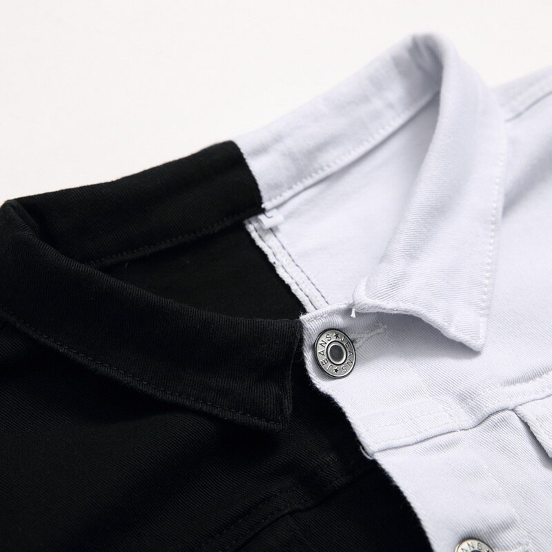 Men Streetwear Black white Two-tone Patchwork Slim Fit Jean Jackets motorcycle man Hip hop Cotton Casual Denim Jackets coats