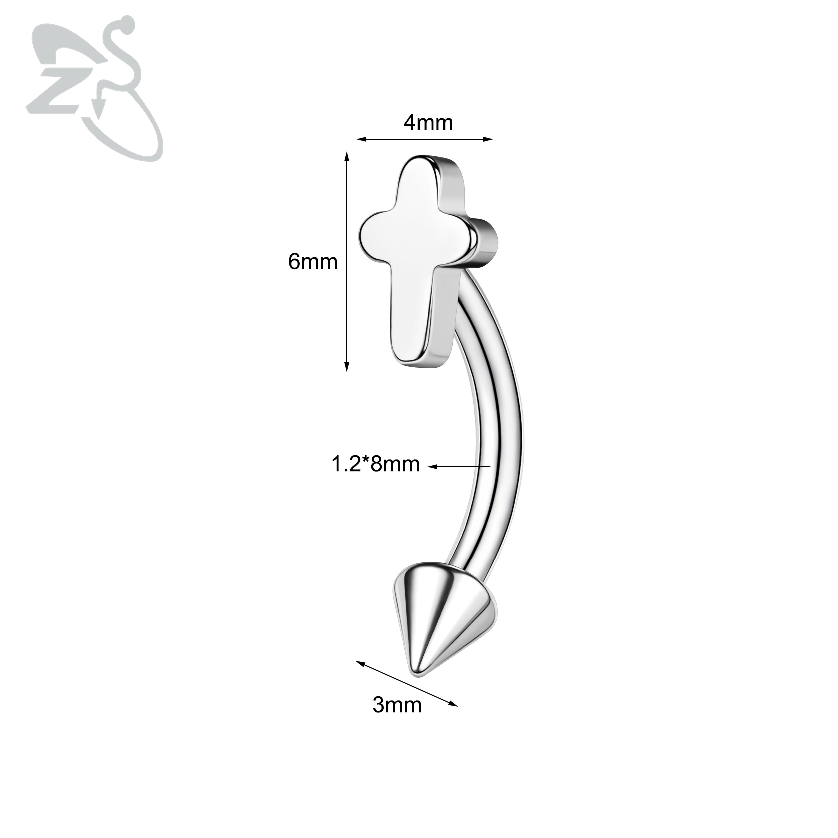 ZS 1 Piece 16G/20G Stainelss Steel Eyebrow Piercing Men Punk Rock Curved Eyebrows Ring Cross Spike Lip Belly Piercings Jewelry: Imitation Rhodium Plated