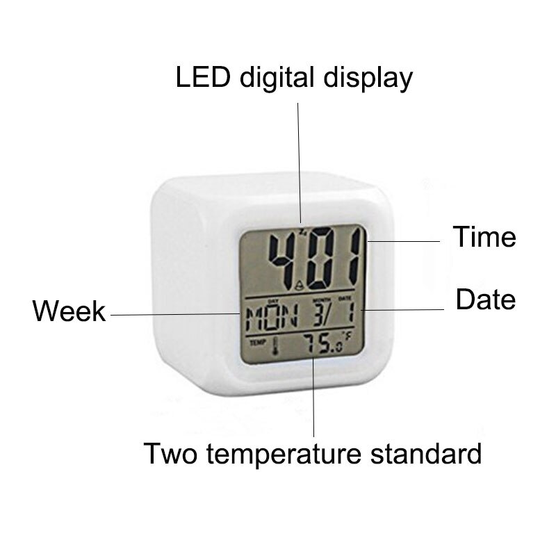 LED Alarm Colock 7 Colors Changing Digital Desk Gadget Digital Alarm Thermometer Night Glowing Cube Children's alarm clock: Default Title