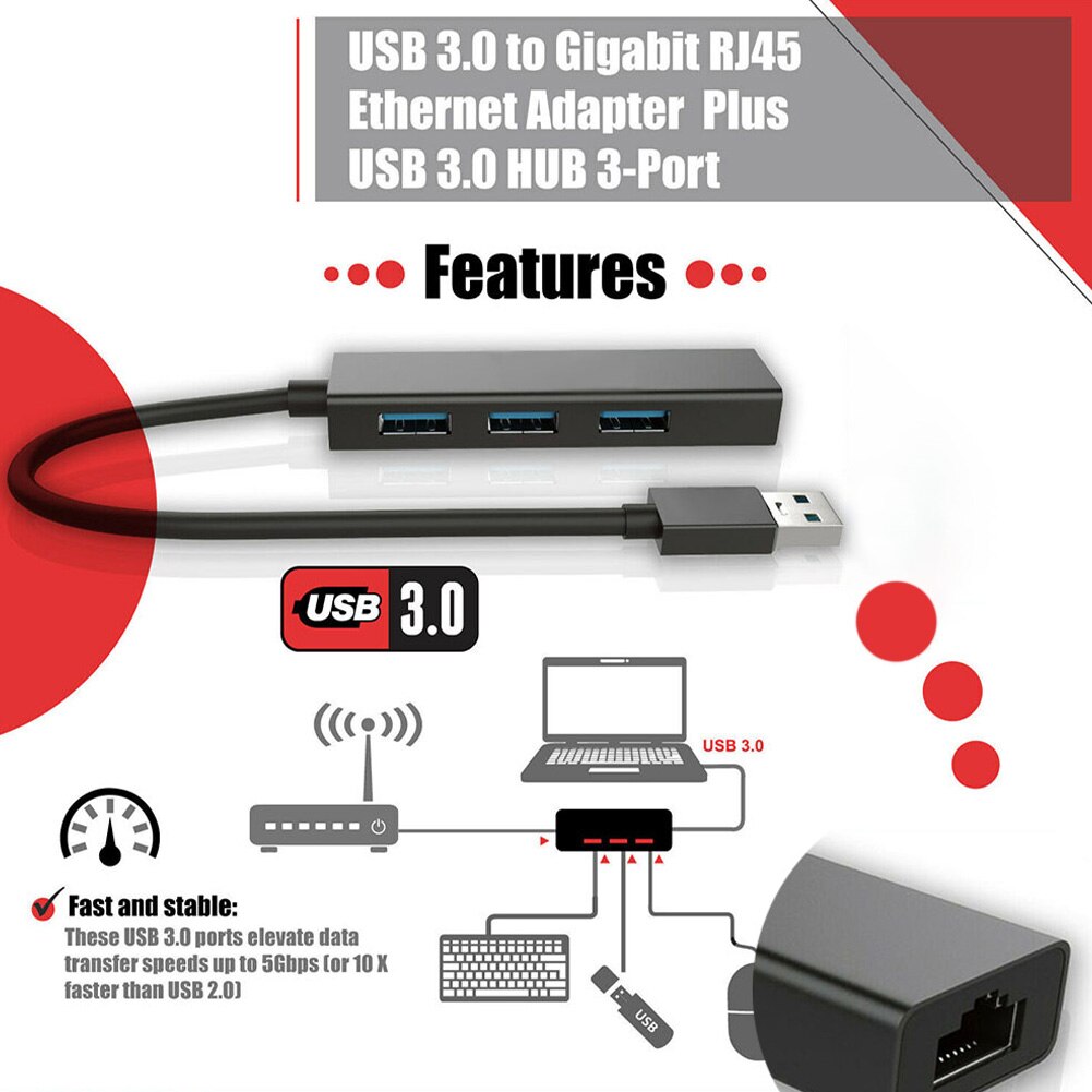 1000Mbps Ethernet LAN Plug And Play With RJ45 Converter Home Data Transmission High Speed For PC 3 Port Hub USB Network Adapter