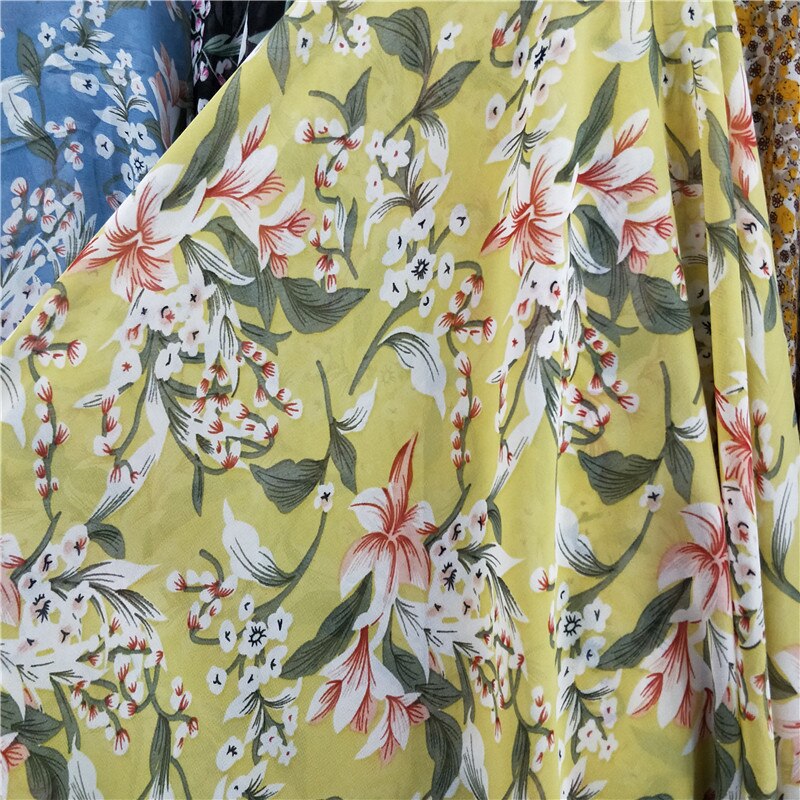 Bloemen chiffon hawaii jurk materiaal chiffon stof diy stof chiffon textiel 1 yard: 2 geel