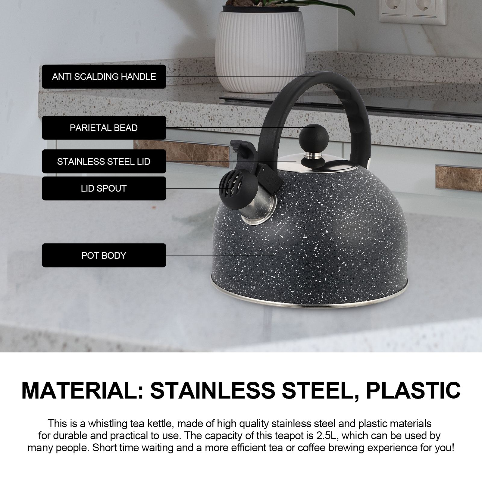 2.5L Stainless Steel Kettle Boiling Whistle Kettle Whistling Kettle Practical Teakettle Kitchen Gadget With Anti-Scalding Handle