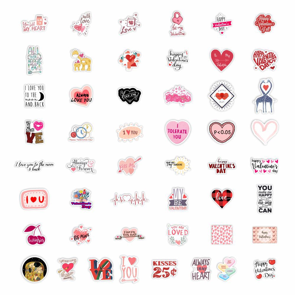 50pcs Valentine Love Heart Text Stickers Laptop Bicycle Guitar Skateboard Sticker Kid DIY Graffiti Waterproof Stickers Toy