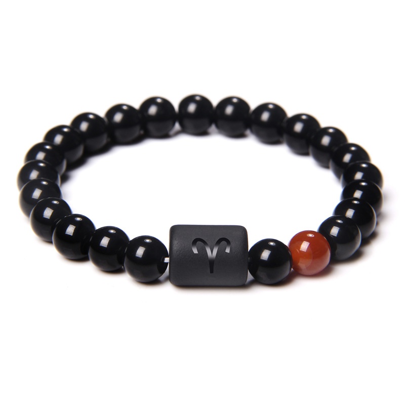 12 Constellation Zodiac Signs Beads Couples Bracelet Natural Black Onyx Stone Elastic Charm Bracelet for Women Men Birthday: REDDISH BROWN