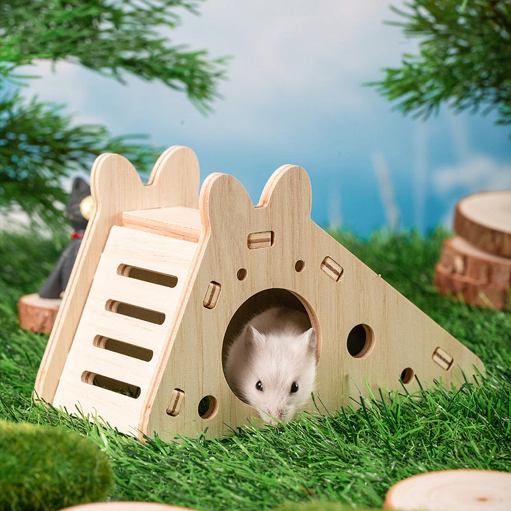 Hamsterhus i trä, gunga, sovbo, flera hål, andningsbart dubbelt lager, roliga leksaker, smådjurstillbehör