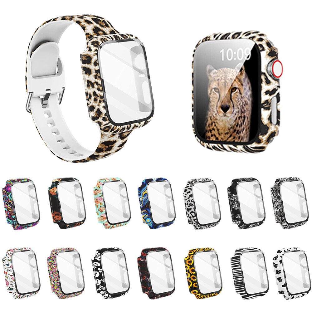 Funda + cristal para Apple Watch 44mm 40mm 38mm 42mm, cubierta protectora de leopardo de para parachoques de PC duro para iWatch SE 6 5 4 3 2 1