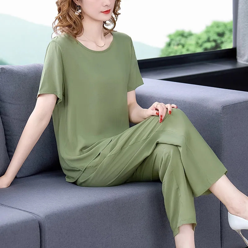 Women Pants 2-Piece Set Female Summer Set Middle aged Female Loose Tops+ Wide leg Pants Two-Piece Suit Short Sleeve Suit 4XL