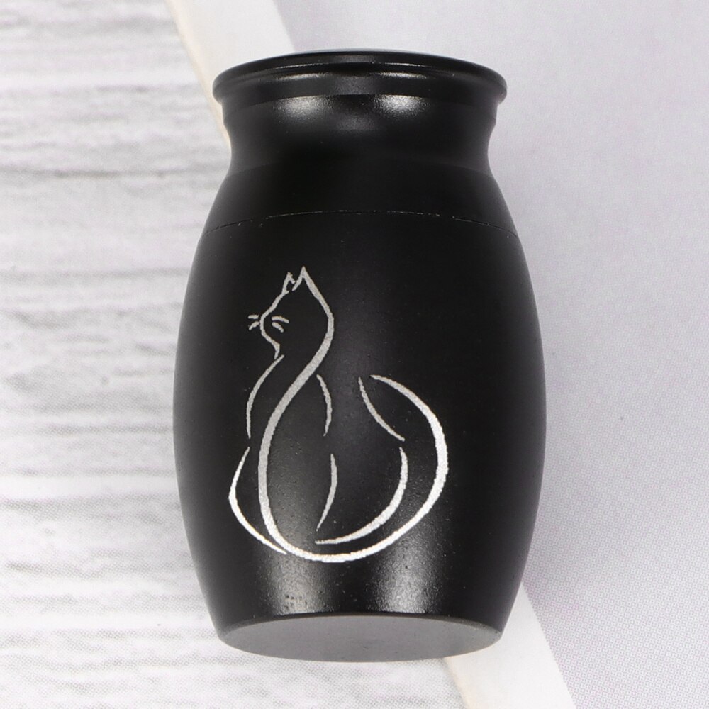 Pot d'urne funéraire en acier inoxydable pour animaux de compagnie contenant d'urne imprimé chaton avec couvercles à vis d'ouverture (noir)