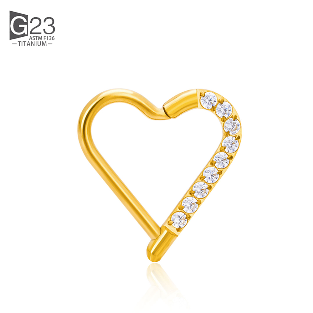 ASTM F-136 anneau de nez en titane Daith coeur boucle d'oreille cerceau Cartilage Tragus D forme Helix anneaux articulé Segment cerceau avec CZ clair: Black / COULEUR OR ROSE