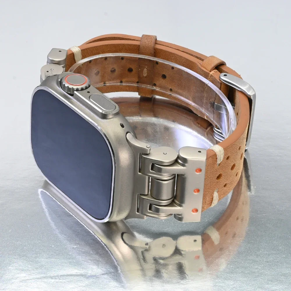 Bracelet de sport en cuir pour Apple Watch, Titanium Document Men Strap, IWatch Series 9 8 7 6 5 4 Se Ultra 2 Correa, 49mm, 45mm, 44mm, 42mm