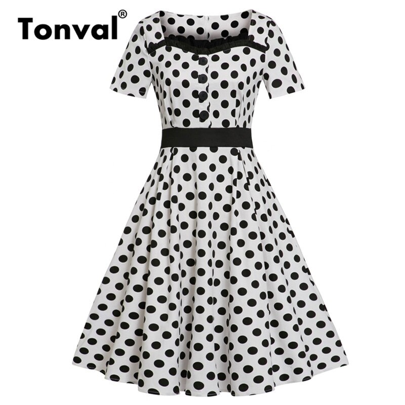 Tonval Polka Dot Jurk Wit S Vintage Ruffle Sw Grandado