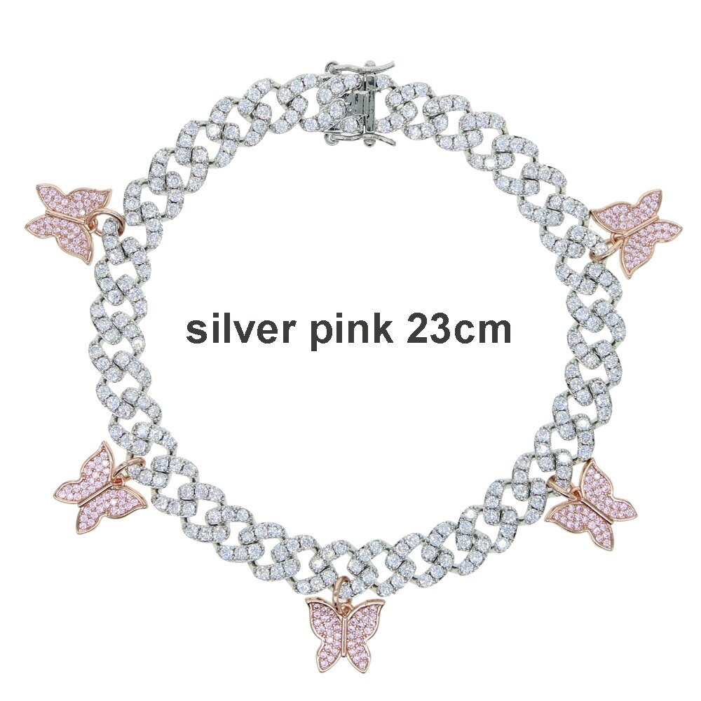 arrived Summer Beach Anklet Foot Leg Jewelry Iced out bling cz cuban chain drip cz butterfly charm anklet jewelry 9" 10": silver pink 23cm
