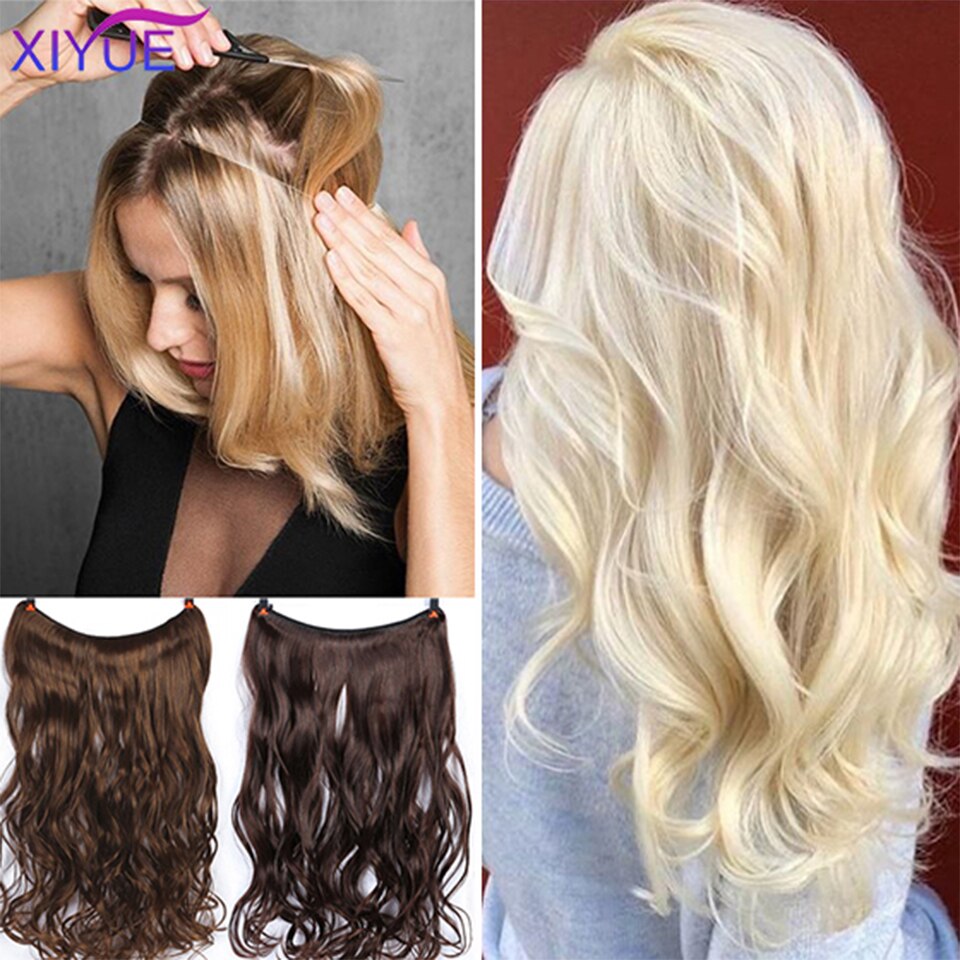 Lang krøllet/lige 24 tommer kvinder fish line hair extensions brun naturlig bølget lang høj temperatur fiber syntetisk hårstykke