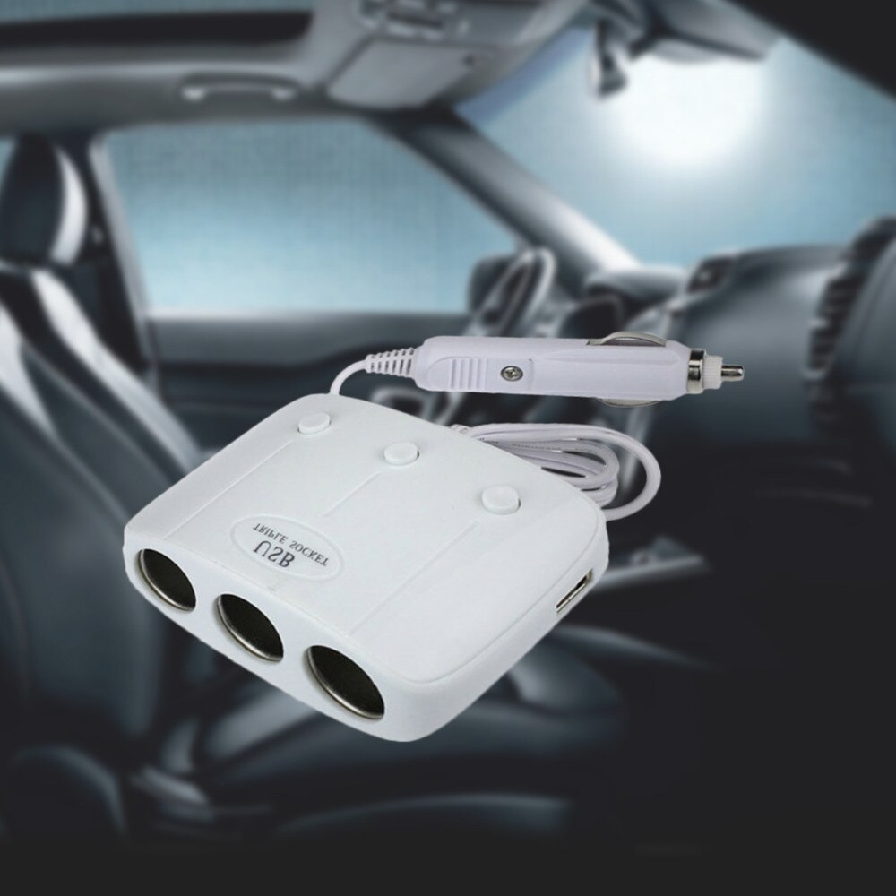 Witte dubbele usb-autoladeradapter met 3 stopcontacten voor sigarettenaansteker, dc-stopcontact, autosplitter, auto-stopcontactadapter