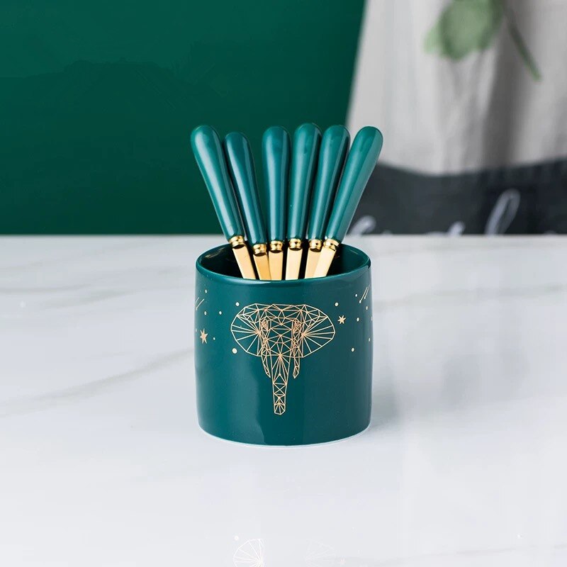 Nordic Ceramic Stainless Steel Fruit Fork Storage Tube Dessert Fork Cake Fork Fruit Fork Storage Pot Living Room Fruit Fork Set: 6 forks pot 6