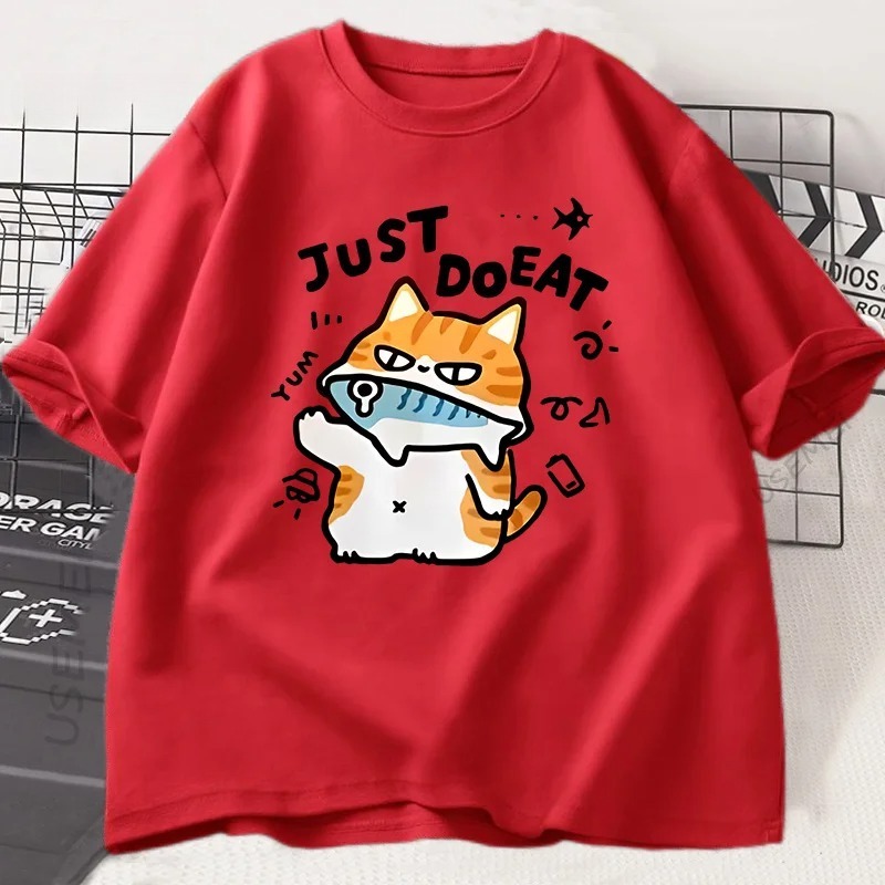 Engraçado gato comer peixe camiseta para mulheres verão topos camisetas o pescoço roupas femininas streetwear manga curta t camisa: XS / Vermelho