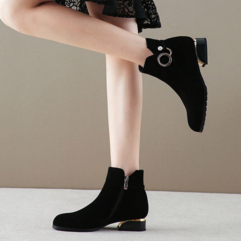 Vinterskor dam ankelboots faux svarta låga klackar mocka booties pärlklänning skor fyrkantig klack botas mujer plus size