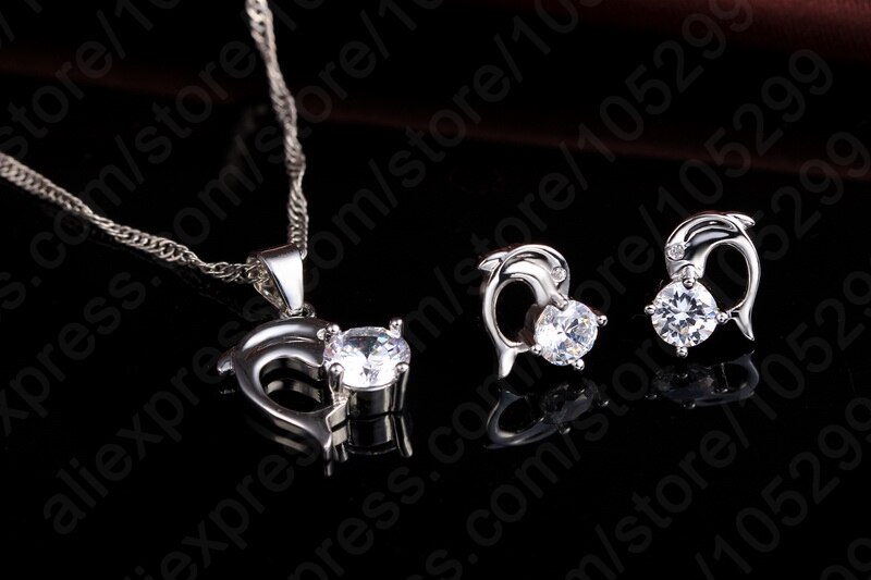 Trendy Dolphine Pendant 925 Sterling Silver Fine Jewelry Necklace Earring For Women Wedding Set