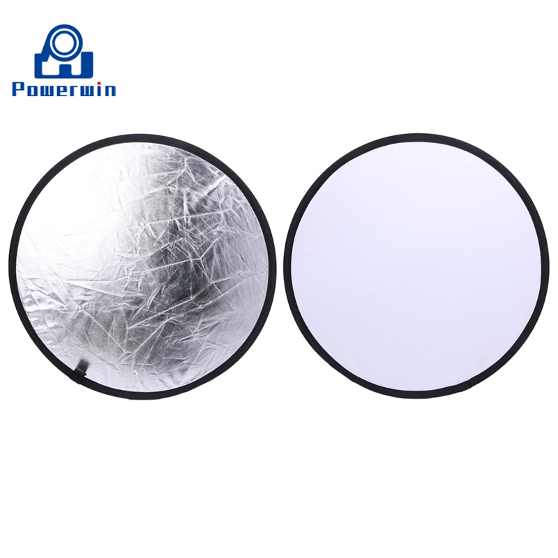 Powerwin 2 in 1 sølv hvid reflektor 80cm sammenklappelig disk fotostudio video belysning diffuser softbox baggrund lysstativ