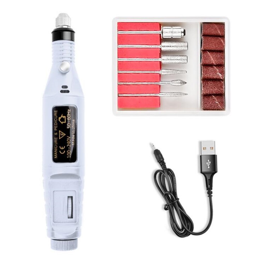 Electric Nail Drill Machine Manicure Machine Pedicure Drill Set Nail File Grinder Polisher Nail Art Equipment Tools: USB White