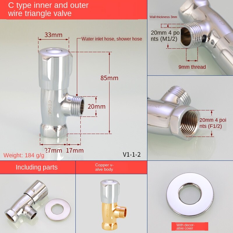 Válvula de ángulo de flujo grande especial para gas y agua heater1/2IN 3/4IN, núcleo de bola de diámetro abierto completo, interruptor de válvula de parada de agua fría y: V1-1-2