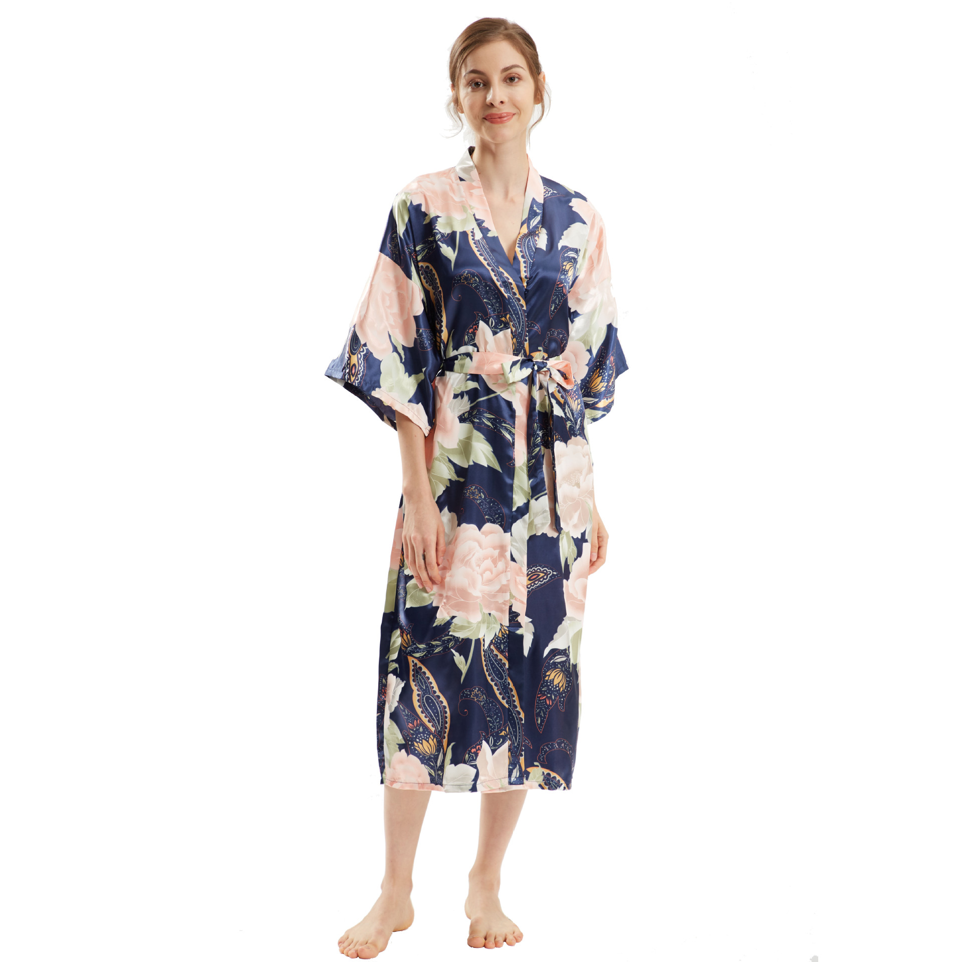 Sexy Bride Bridesmaid Wedding Dressing Woman Kimono Flower Print Satin Silk Yukata Bathing Robe: green