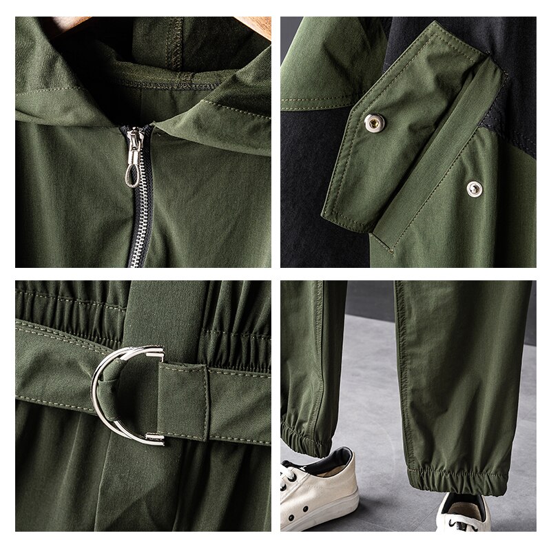 Men streetwear one piece jumpsuit short sleeve hettejakke bukse par klær herre damer smekke overall som fungerer overordnet belte