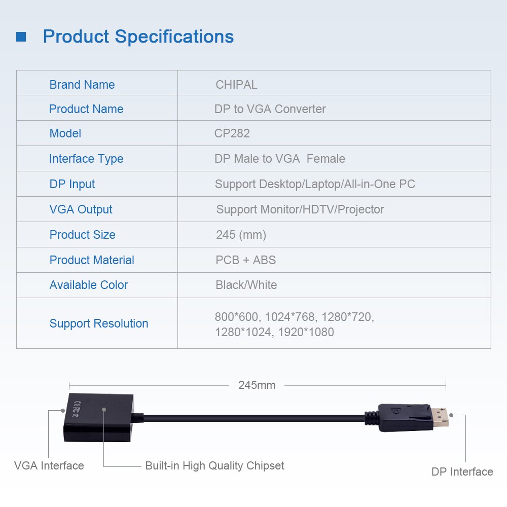 Chipal 10 stk displayport display port dp til vga konverter adapter kabel til pc computer notebook hdtv projektor monitor display