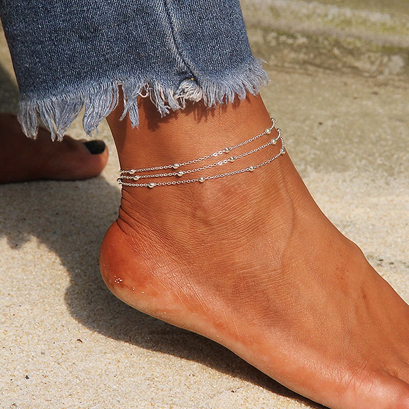 Ustar boho lagdelte kæde perler ankler til kvinder justerbar rustfrit stål fod armbånd anklet sommer sandaler smykker