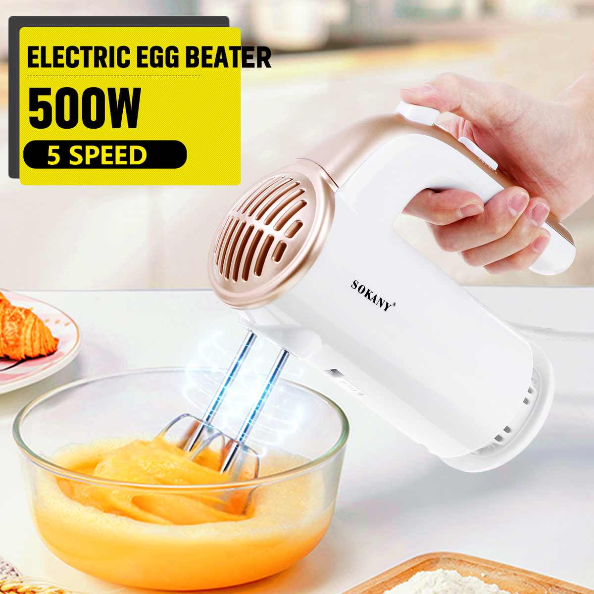 500W 5 Snelheden High Power Elektrische Mixer Staafmixer Automatische Deeg Blender Eiklopper Handmixer Voor Keuken sokany 220V