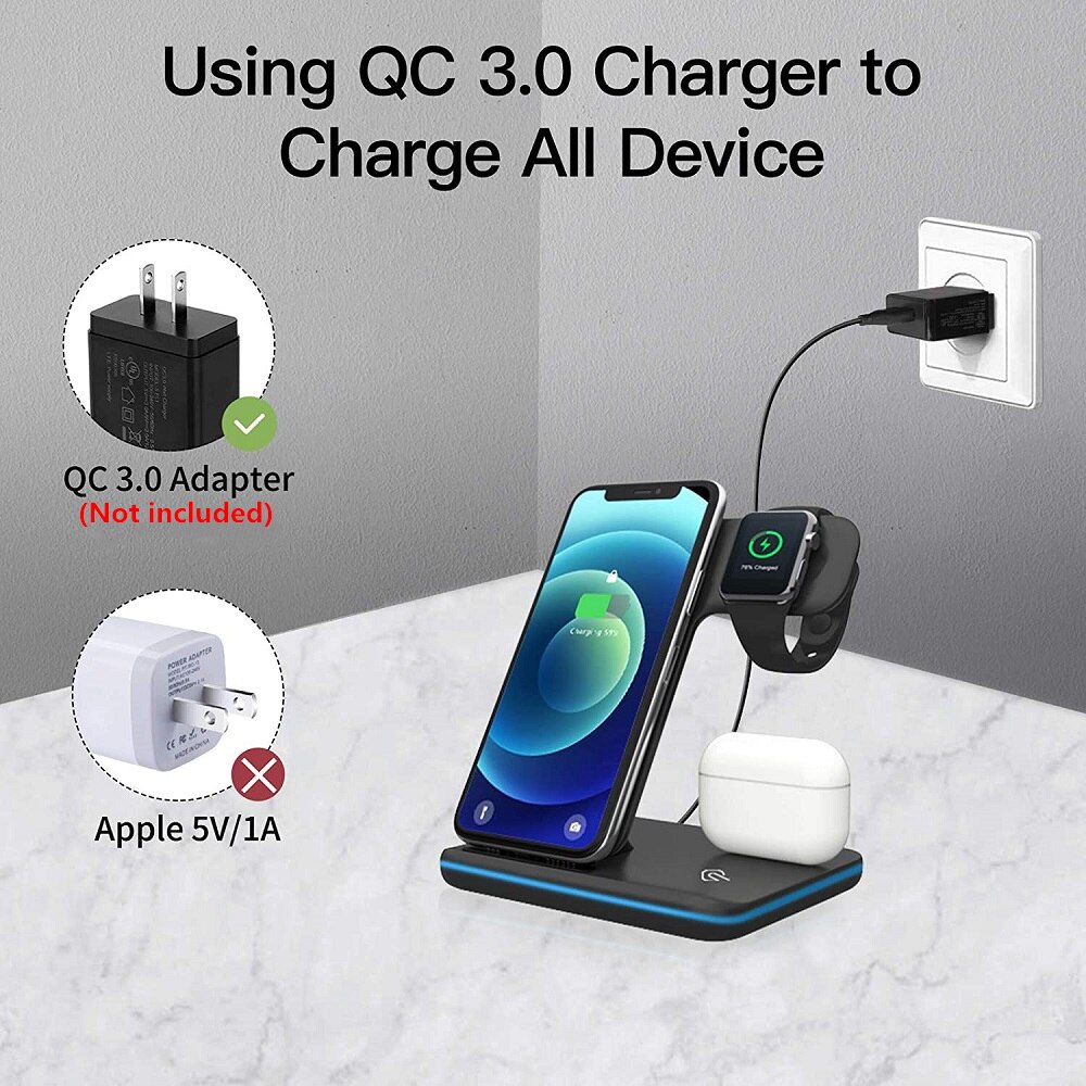 3 In 1 Qi Draadloze Oplader Dock Station 15W Fast Charging Stand Voor Iphone 12 11 Xr Xs X 8 Apple Horloge 2 3 4 5 6 Airpods Pro