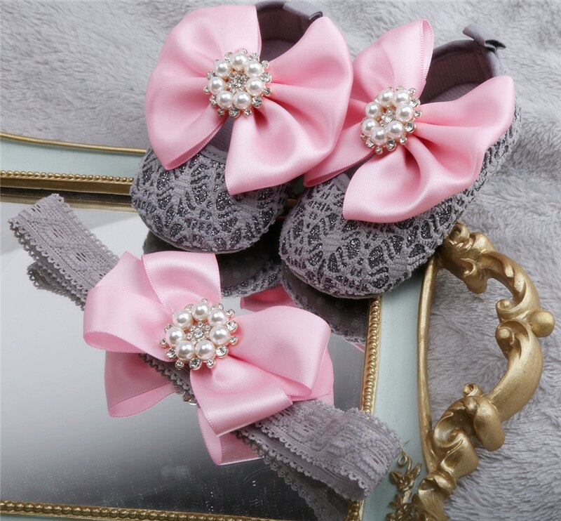 Dollbling designade baby småbarn skor aprikos blomma rosett diamant kronsmycken baby flicka baby skor pannband: Rosa rosett / 3