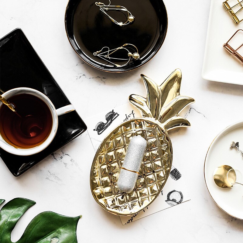 Plateau à Dessert en céramique, feuilles d'ananas, bijoux plat or argent blanc noir boucles d'oreilles anneau assiette décorative bols