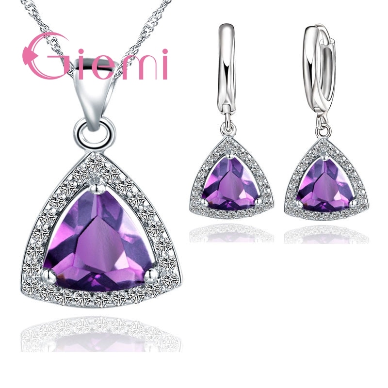 Pure 925 Sterling Silver Jewelry Sets Shiny Triangle Cubic Zirconia Necklace Earrings Bridal Women Wedding Jewellery